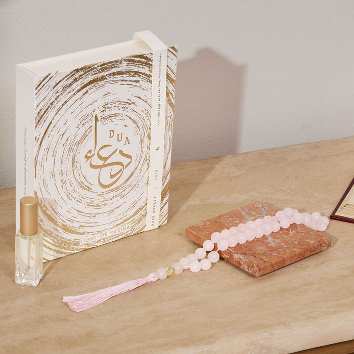 light of sakina fajr rose quartz misbaha   fragrance set