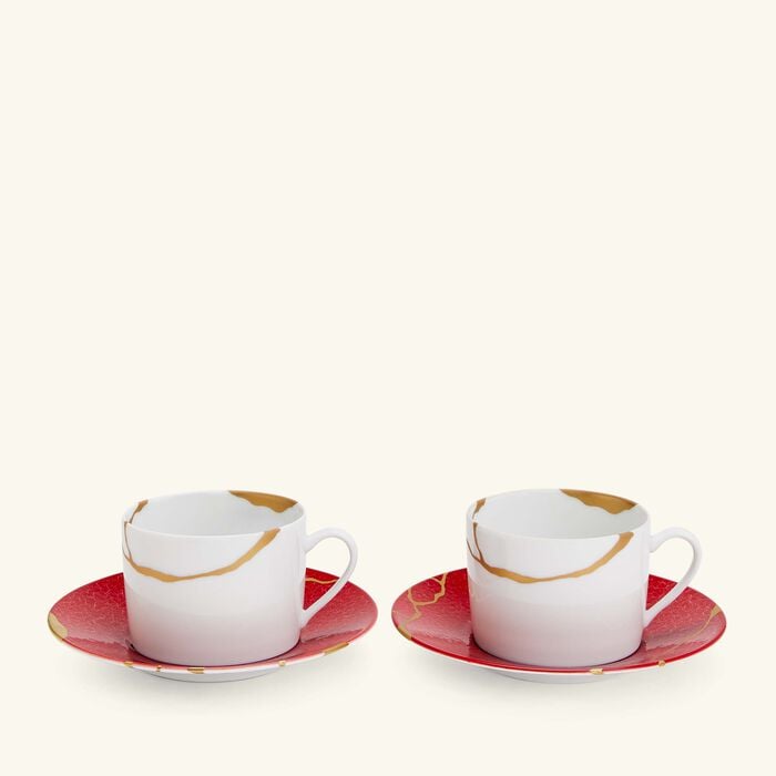 Kintsugi Rouge Teacups And Saucers - Set Of 2 bernardaud kintsugi rouge teacups and saucers set of 2