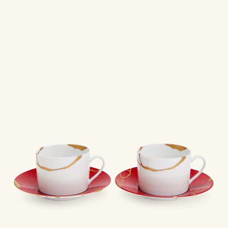 Kintsugi Rouge Teacups And Saucers - Set Of 2 bernardaud kintsugi rouge teacups and saucers set of 2