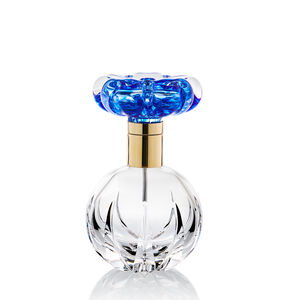 Clear Perfume Bottle With Blue Flower And Gold Metal, medium