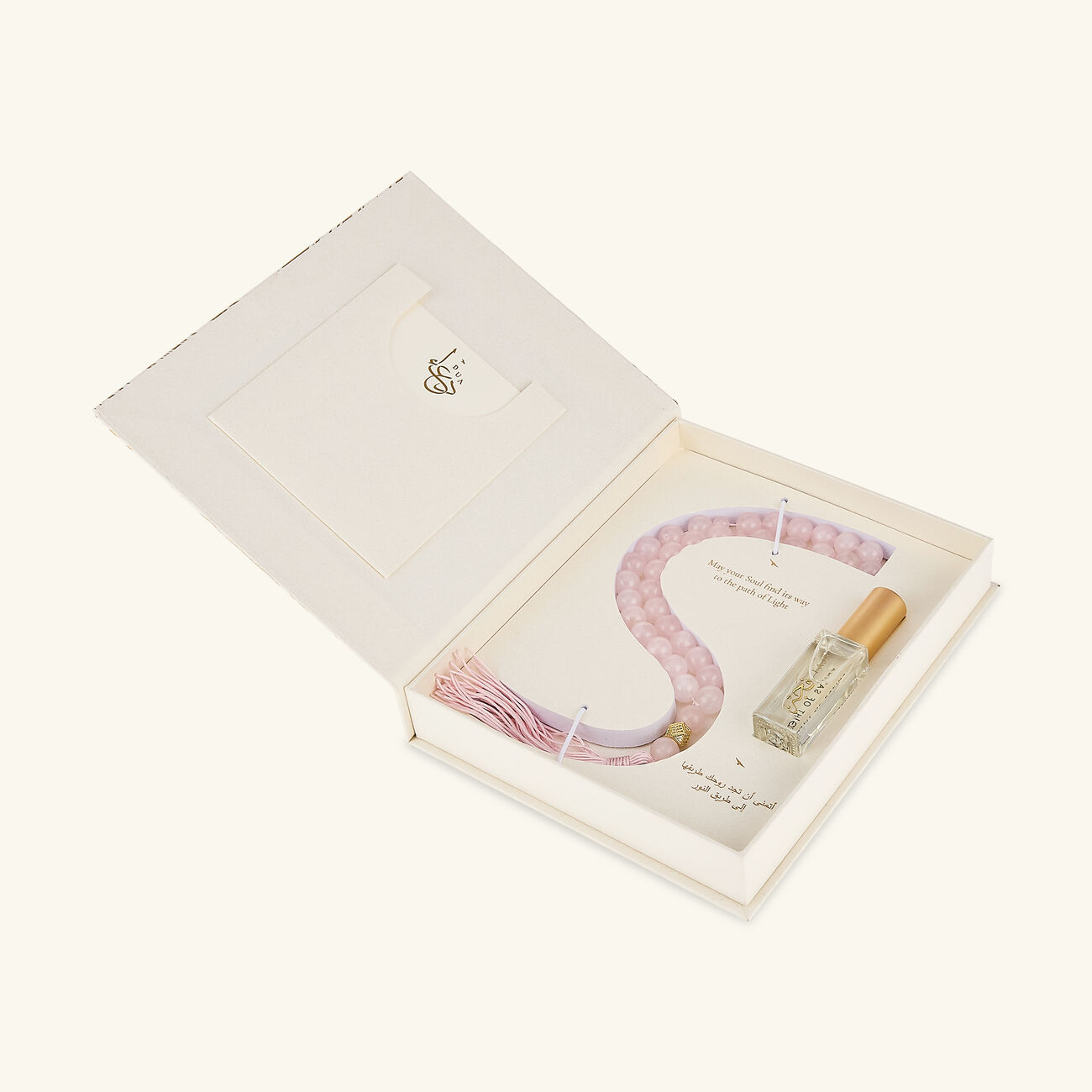 light of sakina fajr rose quartz misbaha   fragrance set