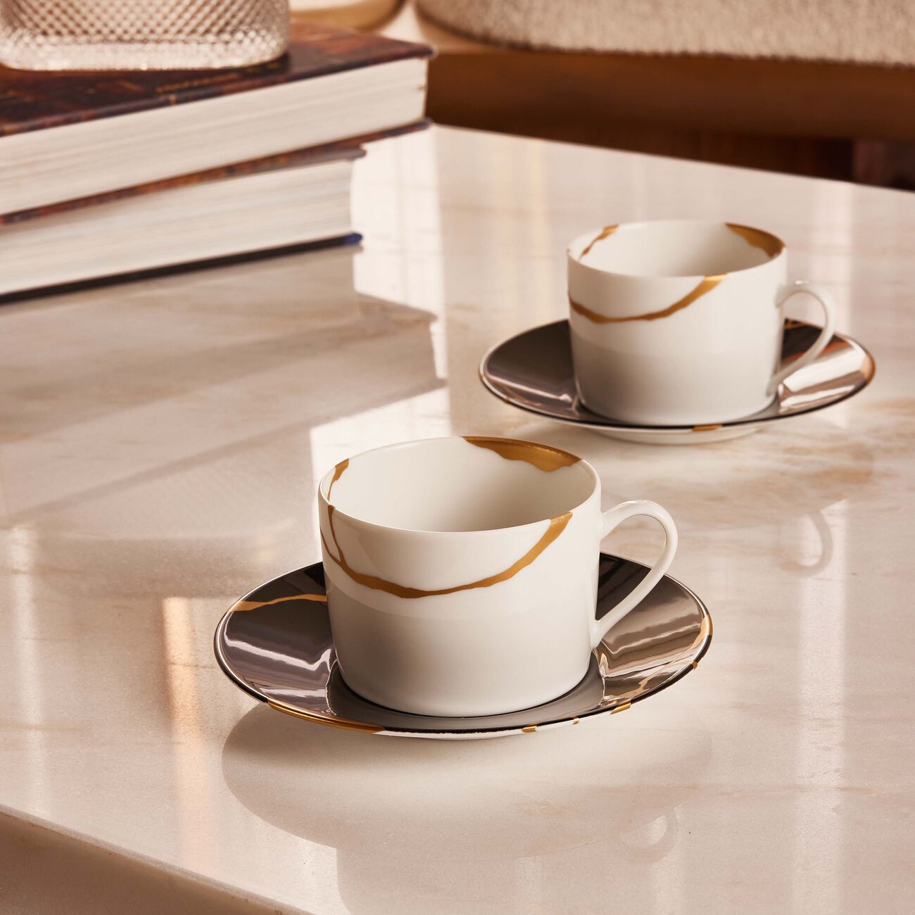 Kintsugi Charbon Teacups And Saucers - Set Of 2 bernardaud kintsugi charbon teacups and saucers set of 2