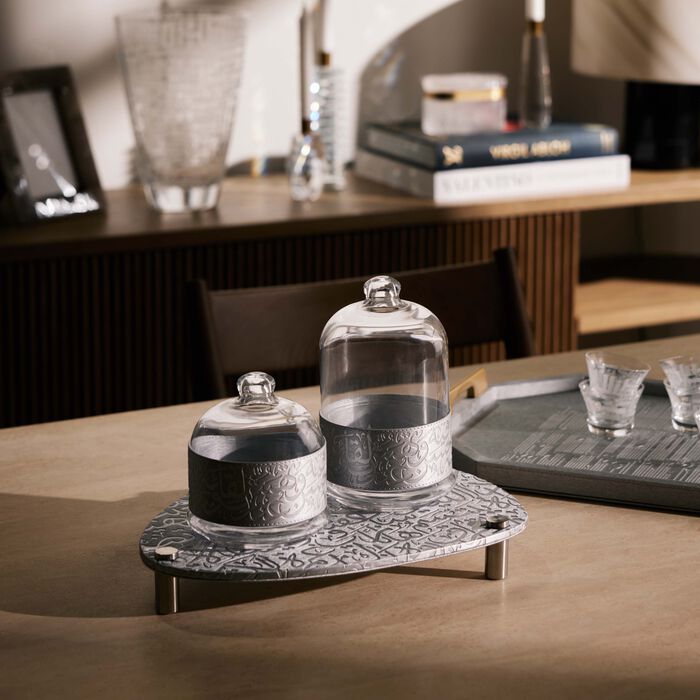 دملاج طقم كريم المؤلف من وعائين للضيافة باللون الفضي