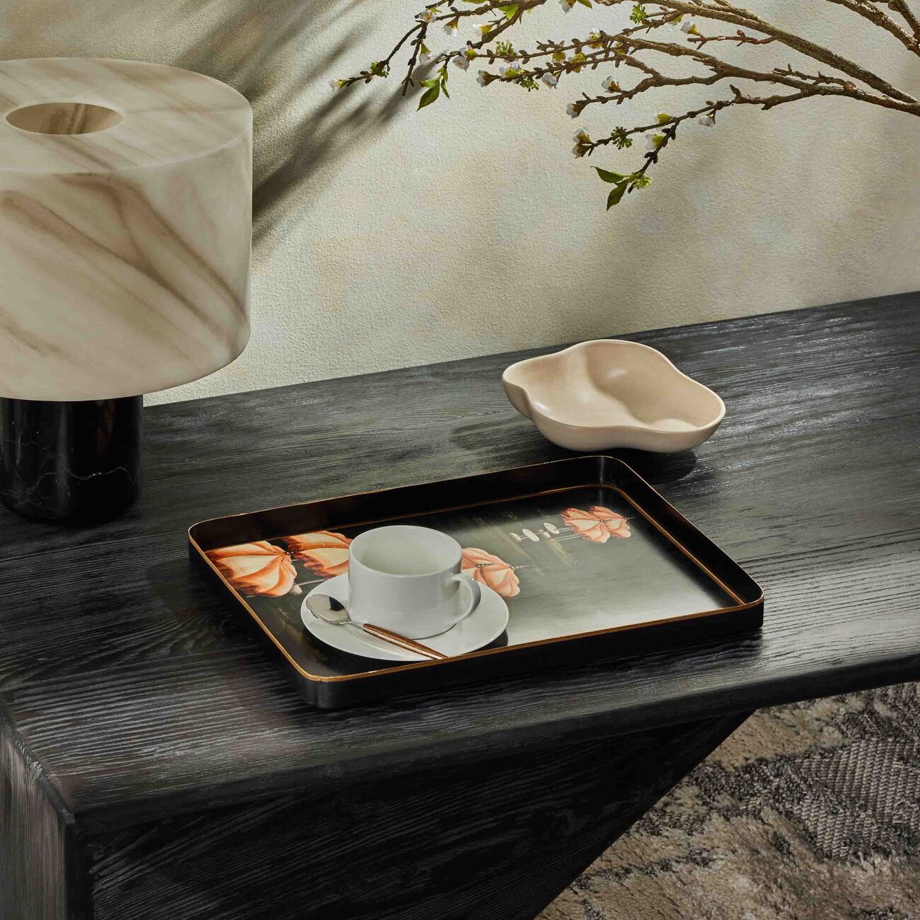 لي أوتومان صينية الضيافة فلورا مستطيلة متوسطة سوداء