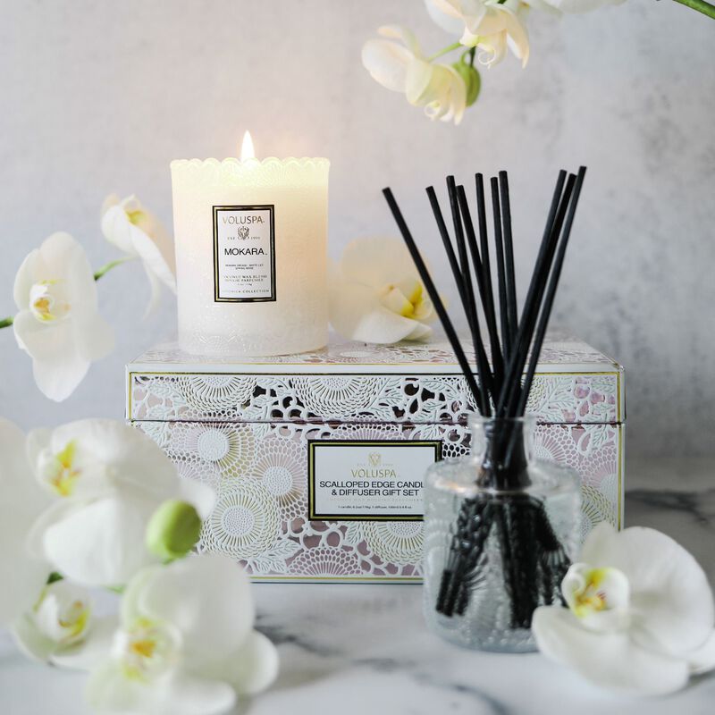Mokara Scalloped Candle + Diffuser Gift Set - voluspa mokara scalloped candle diffuser gift set