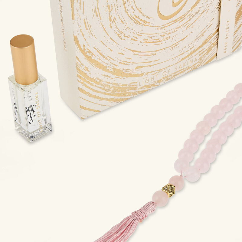 light of sakina fajr rose quartz misbaha   fragrance set