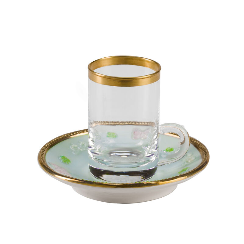 فنجان الشاي العربي باترفلاي صغير الحجم مع صحنه - لون أزرق مخضر, large